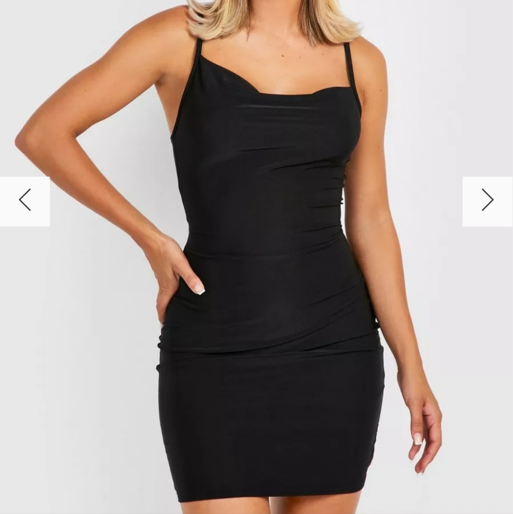 Boohoo satin cowl neck bodycon short mini black dress size US 8 or UK 12 NEW